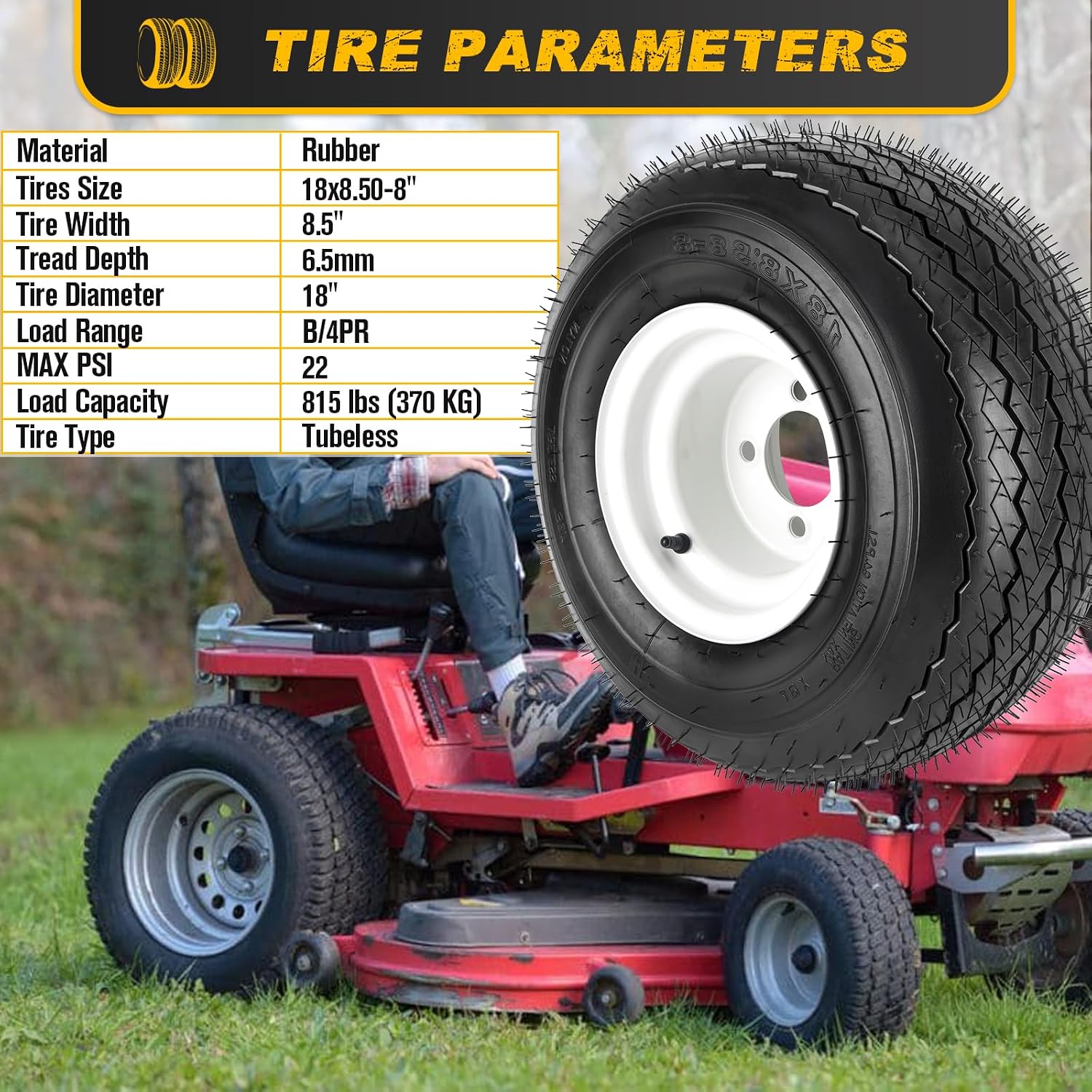 2PCS 18x8.50-8 Lawn Mower Tires with Rim, 18x8.5-8 Tire and Wheel for Riding Lawn Mowers Garden Tractor Turf Tires Golf Carts, 815lbs Capacity, 4 Ply Tubeless