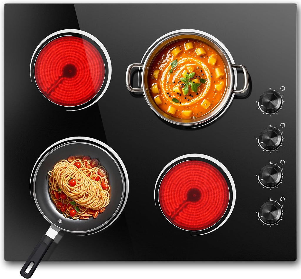 4 Burners Electric Stove Top with Knob Control,24 Inch,6000W Built-in Radiant Electric Cooktop, 9 Power Levels, Hot Warning, 220V Hard Wire(No Plug)
