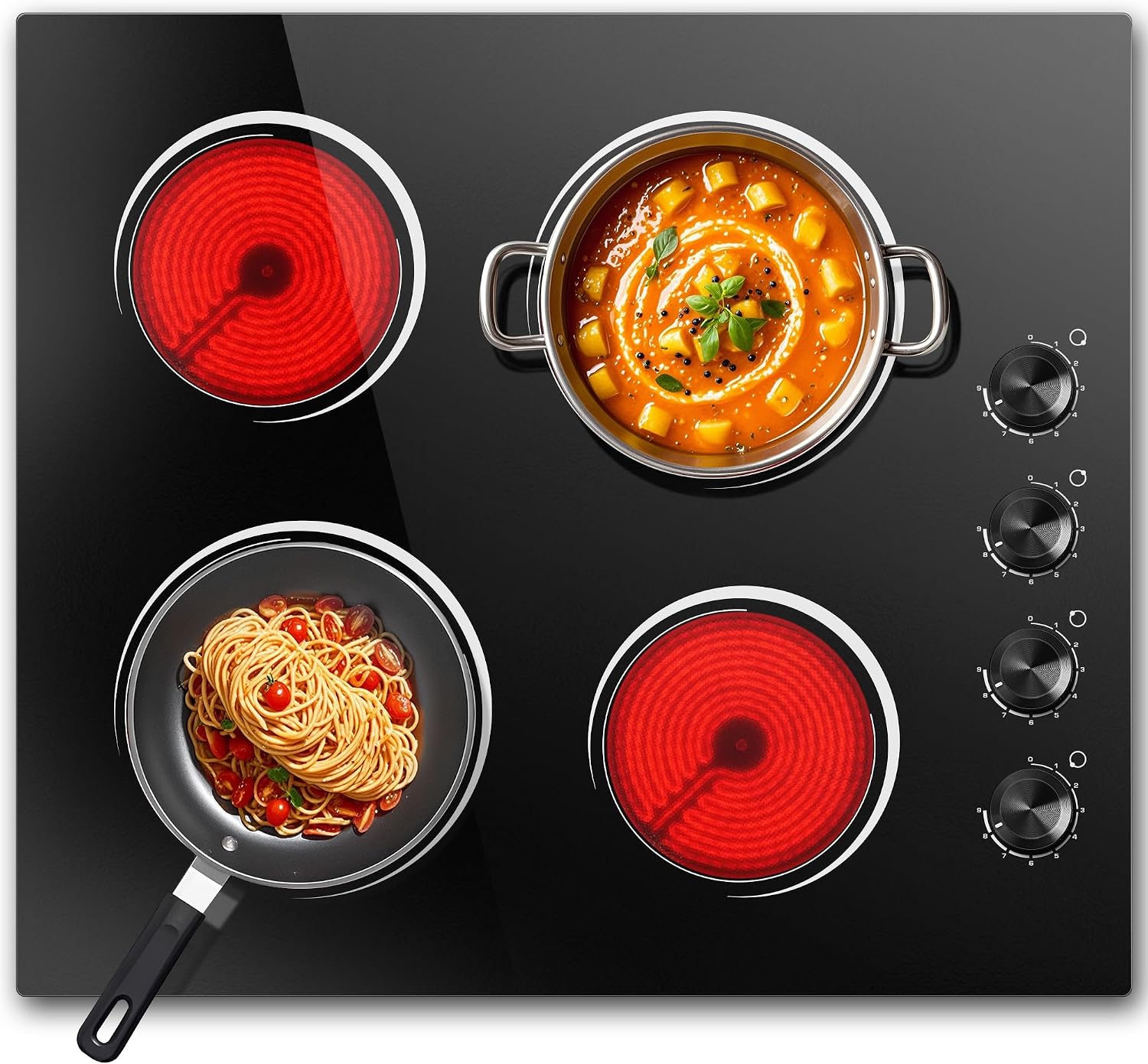 4 Burners Electric Stove Top with Knob Control,24 Inch,6000W Built-in Radiant Electric Cooktop, 9 Power Levels, Hot Warning, 220V Hard Wire(No Plug)