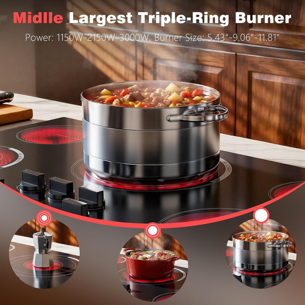Upgraded 36 Inch Electric Cooktop 5 Burners - Powerful 9200W Built-in(34.25'x19.3') Electrical Stove, Electric Cook Top 30 In Knob Control, 99 Minutes Timer, Safety Lock, 220-240V Hard Wired