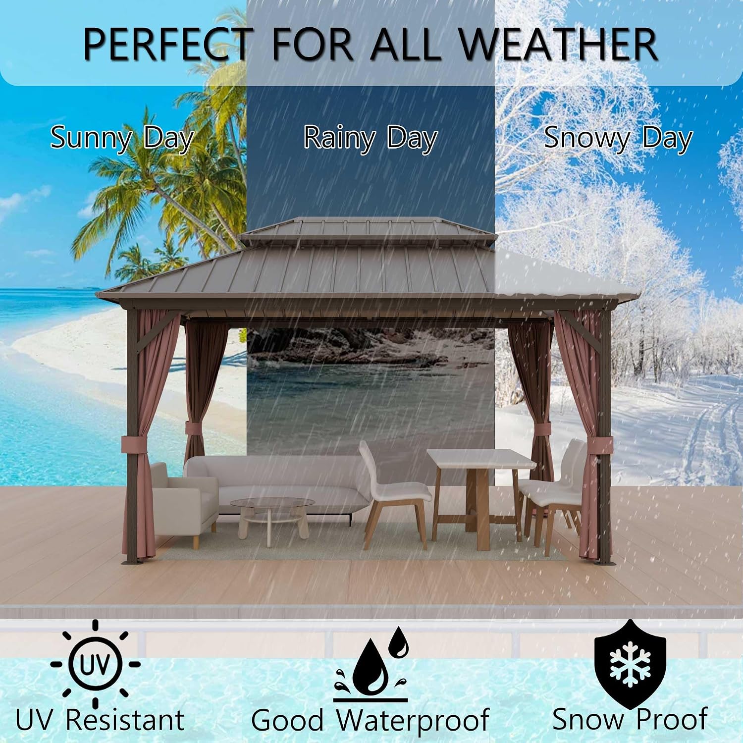 12'x12' Hardtop Gazebo, Outdoor Aluminum Frame Galvanized Steel Double Roof Pavilion with Netting and Shaded Curtains, Permanent Metal Pergolas for Patio, Backyard, Deck and Lawns.