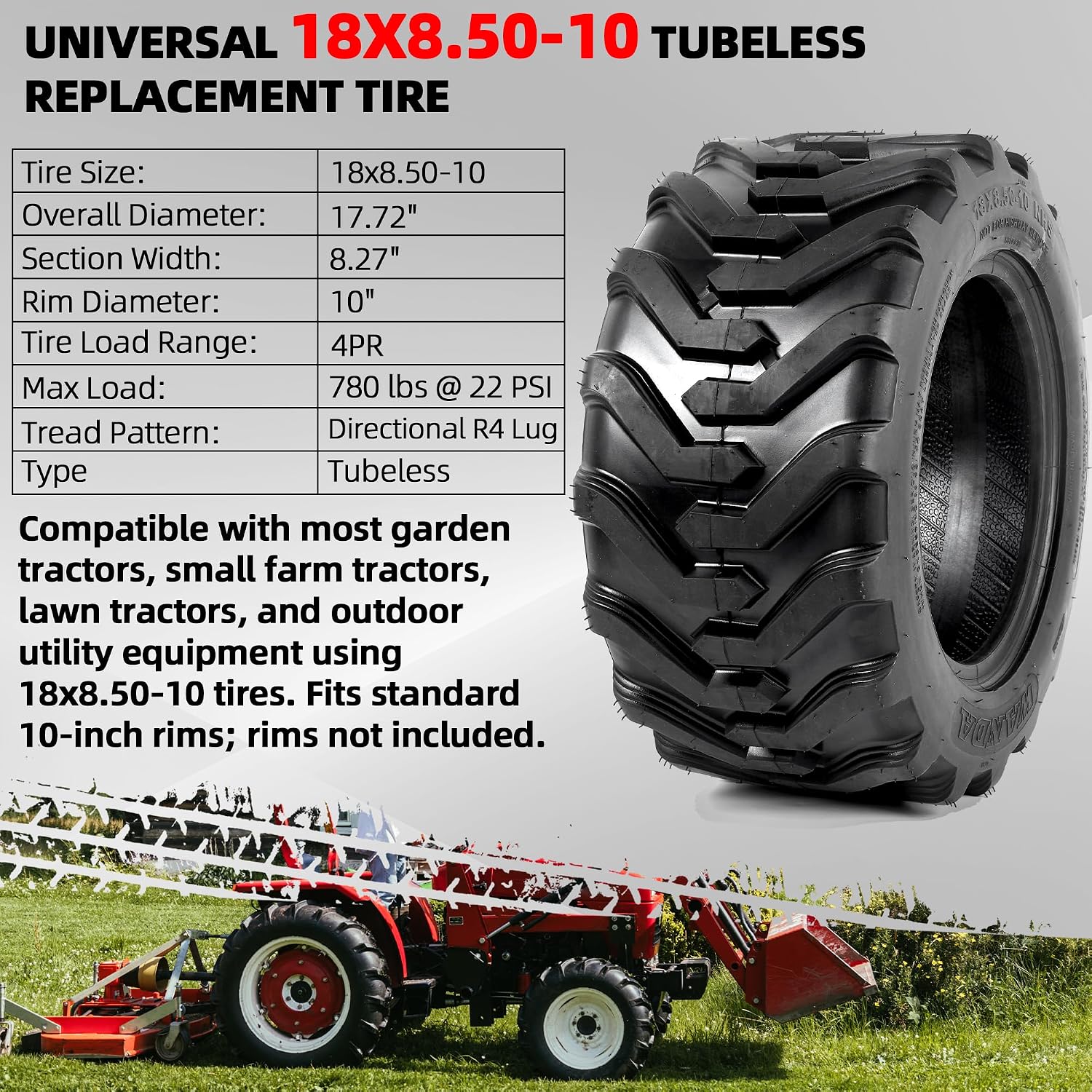 AR-PRO (2-Pack) 18x8.50-10 Garden Tractor Tubeless Tire, Heavy Duty 4-Ply Farm & Lawn Tractor Tire, 780lbs Capacity