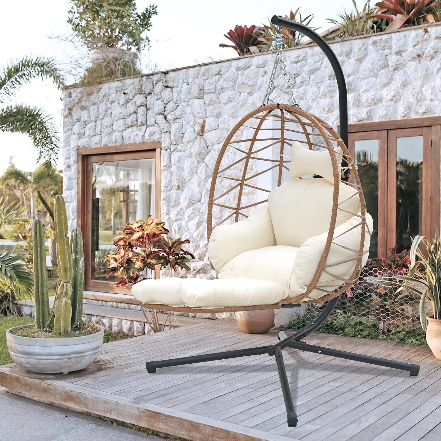 Outdoor Egg Chair with Sturdy Tripod Hammock Leg Rest and Hanging Lounge Chair Swinging Rattan Wicker Swing for Cozy Bedroom Balcony Garden Patio Porch Indoor Use