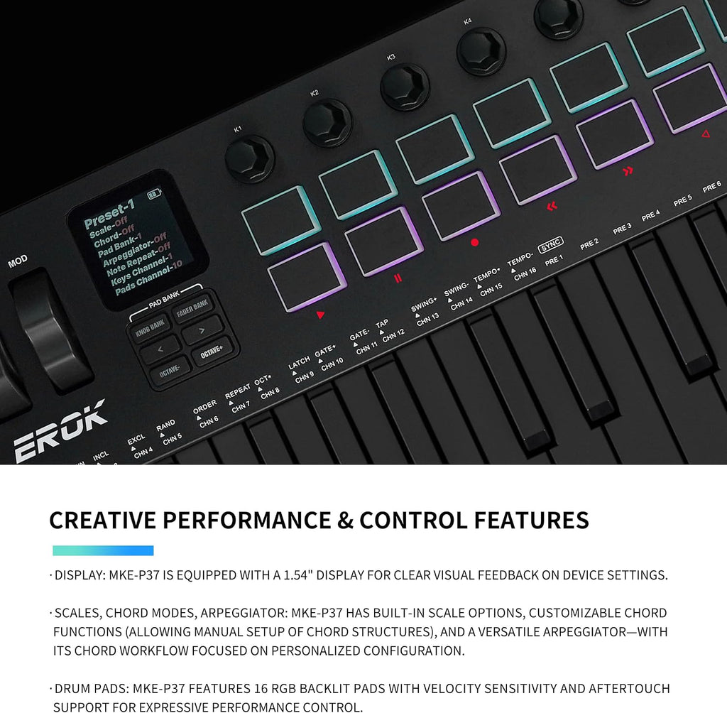 EROK 37 Keys MIDI Keyboard Controller with 3.5mm MIDI Output, 16 Backlit Drum Pads, 8 Knobs, DAW Integration & Arpeggiator, Music Production Equipment and Studio Controller (Dark)