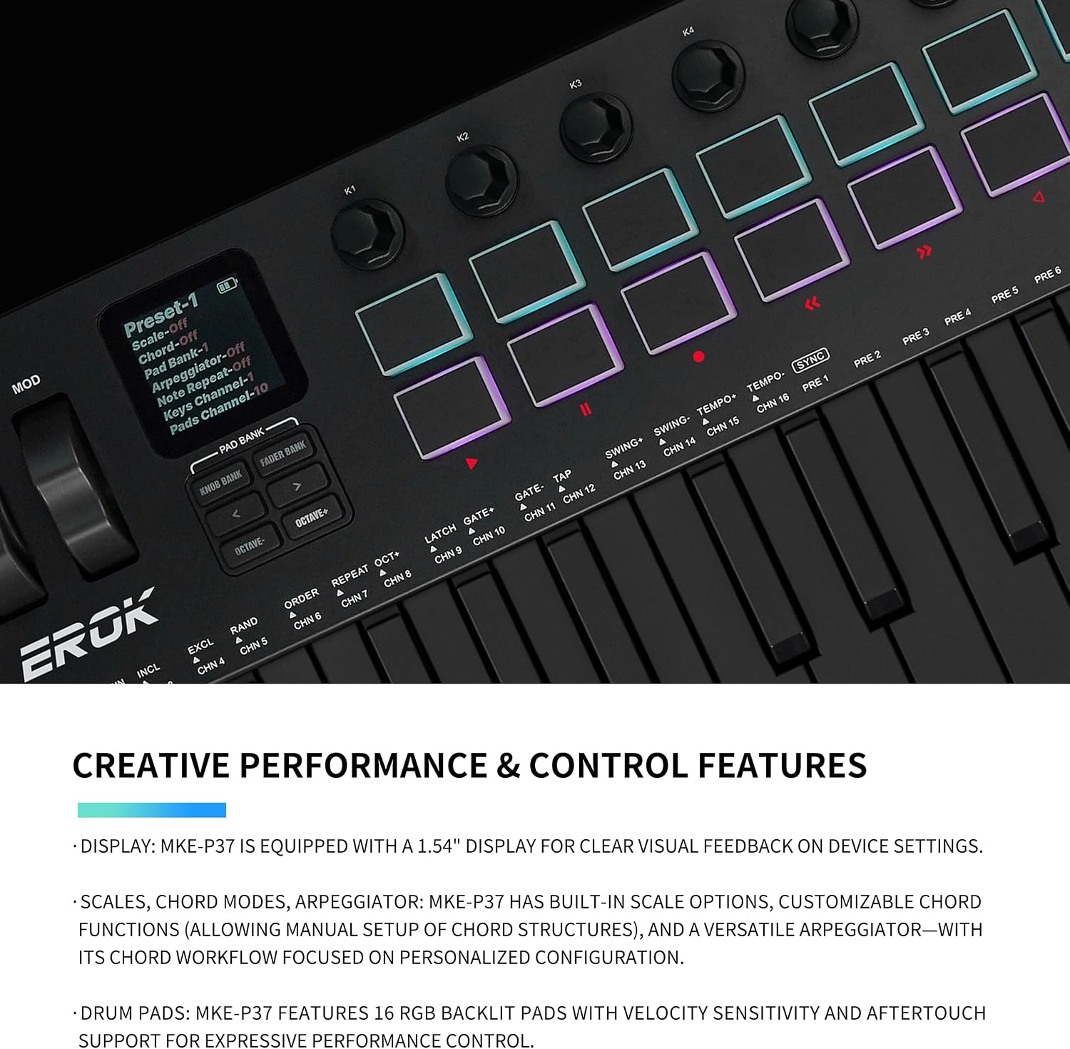 EROK 37 Keys MIDI Keyboard Controller with 3.5mm MIDI Output, 16 Backlit Drum Pads, 8 Knobs, DAW Integration & Arpeggiator, Music Production Equipment and Studio Controller (Dark)