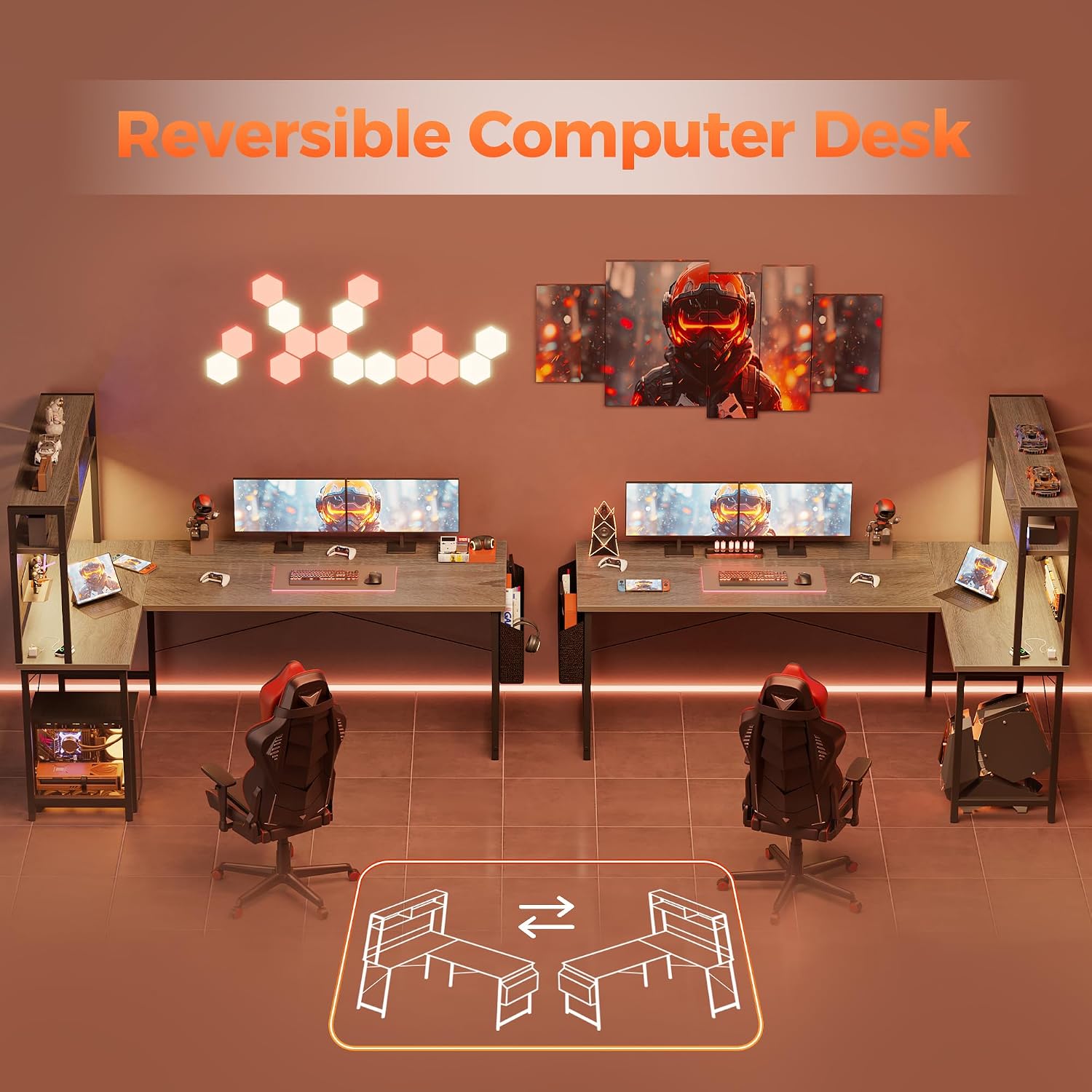 Mericonia 50 inch Large L Shaped Desk with Pegboard Hutch & Shelves, Corner Gaming Desk with Power Outlet, LED Light & Storage Bag, Reversible Computer Desk for Home, Bedroom, Office Workspace, Grey