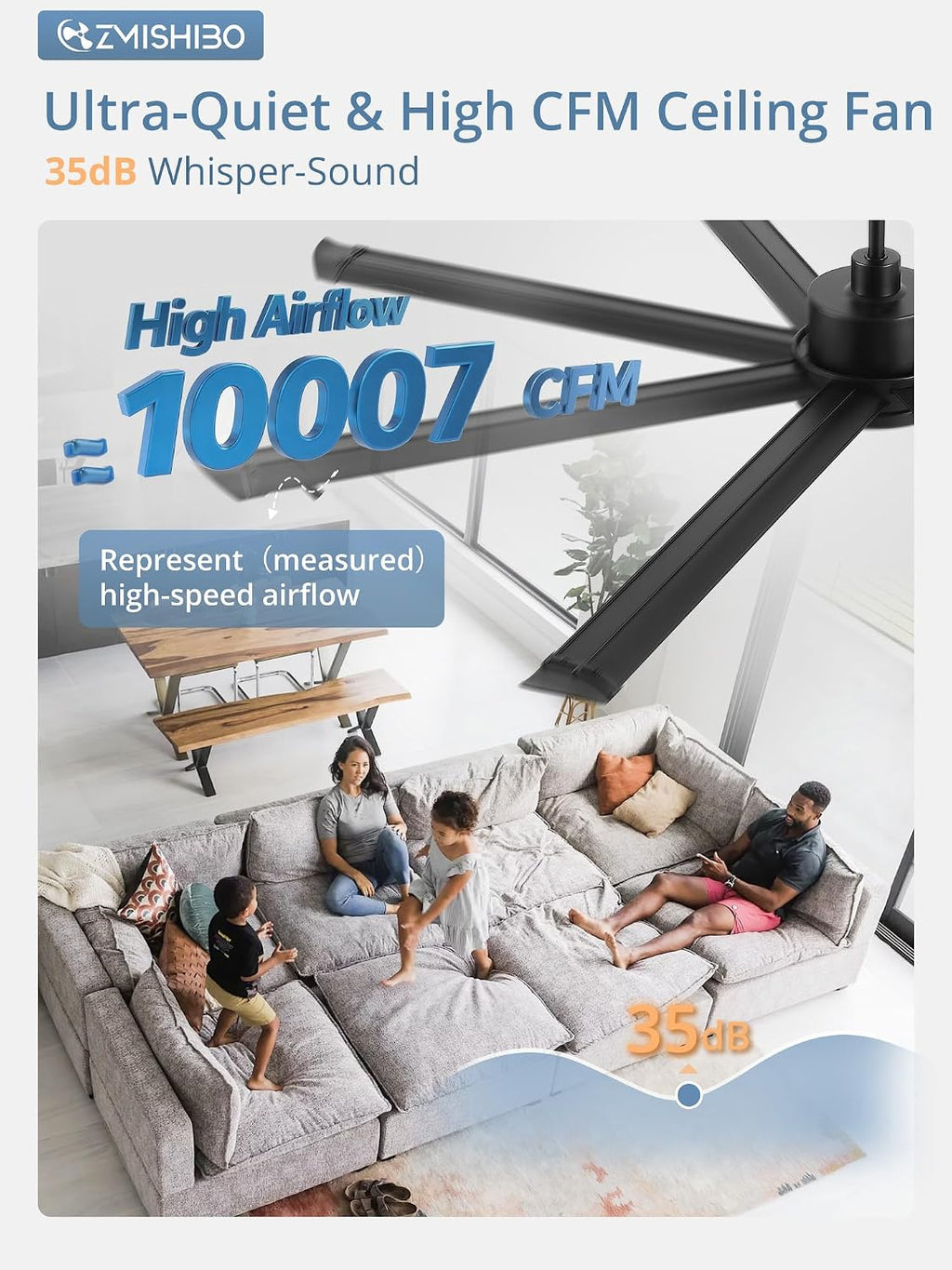 ZMISHIBO 72 Inch Ceiling Fans with Lights, Indoor/Outdoor Industrial Ceiling Fan with 8 Aluminum Reversible Blade, Quiet DC Motor, 3CCT&6-Speed Remote Control, Damp Rated for Living Room/Garage/Gazebo