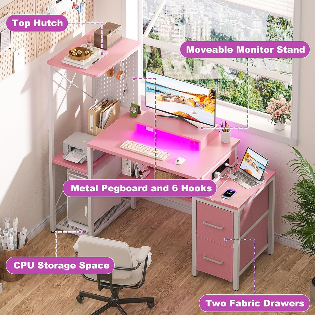 Small Gaming Desk with 2 Fabric Drawers - Reversible Computer Desk with Power Outlet & LED Lights, 49' Office Desk with Monitor Stand & Storage Shelves, Writing Study Table with Pegboard, Pink