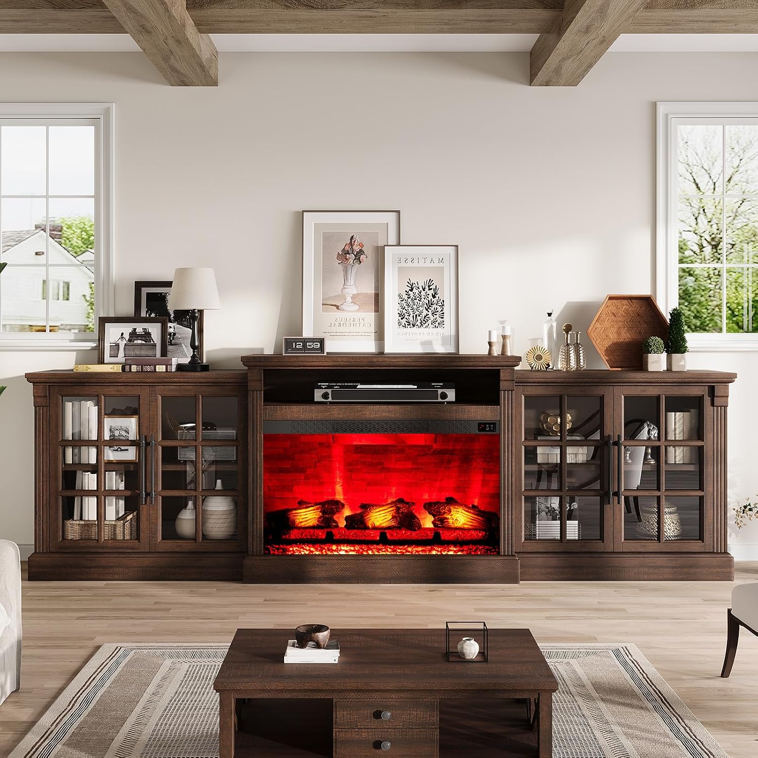 LUXOAK 97' Farmhouse TV Stand with 33' Fireplace for TVs up to 100', Media Entertainment Center with Large Storage Cabinet and Adjustable Shelves for Living Room, Rustic Brown