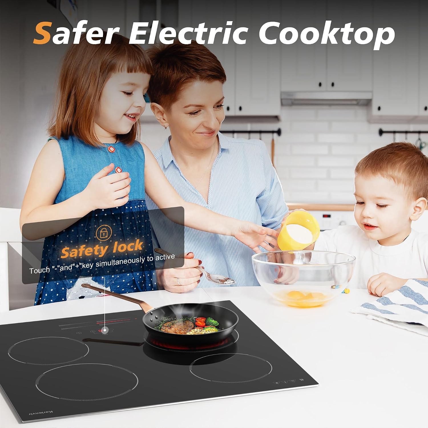 4 Burner Electric Cooktop 24 Inch, 6000W Cooktop Electric Slide Controls, Built in Electric stove top, Glass Protection Metal Frame, 9 Power Levels, Safety Lock, Timer, 240V Hard Wire(No Plug)