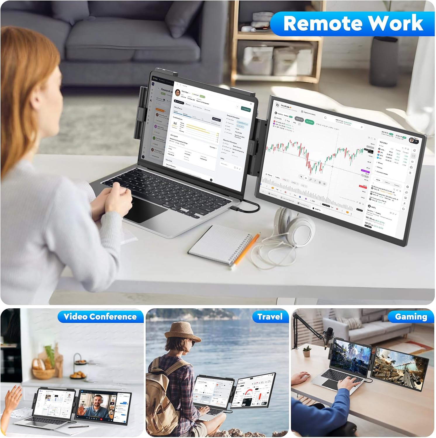 HONGO Laptop Screen Extender, 15.6' FHD 1080P Dual Monitor, Laptop Monitor Extender for 14'-16' Laptops, Second Screen with USB-C/HDMI Port, Plug n Play for Windows/Mac/Android/Switch/PS5