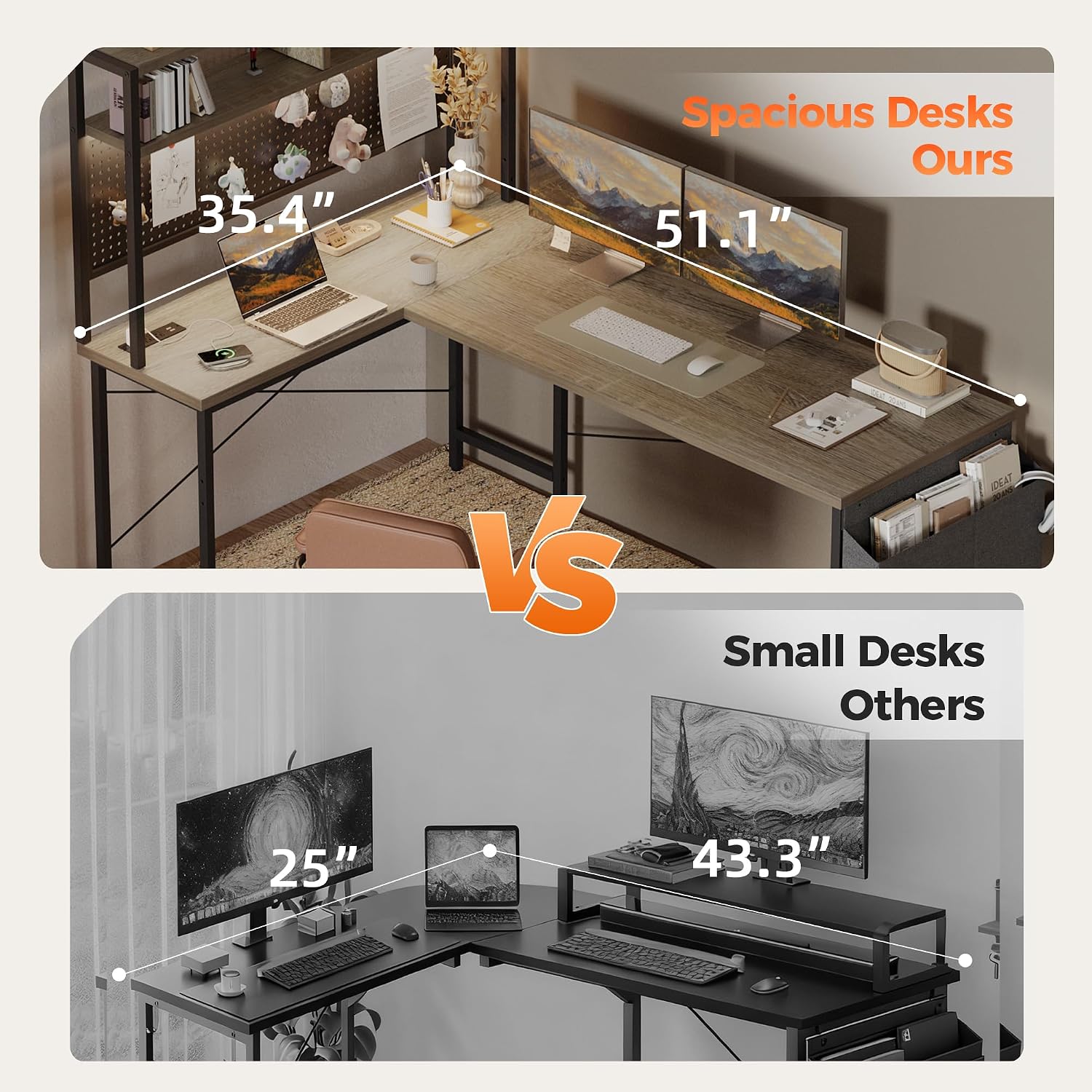 Mericonia 50 inch Large L Shaped Desk with Pegboard Hutch & Shelves, Corner Gaming Desk with Power Outlet, LED Light & Storage Bag, Reversible Computer Desk for Home, Bedroom, Office Workspace, Grey