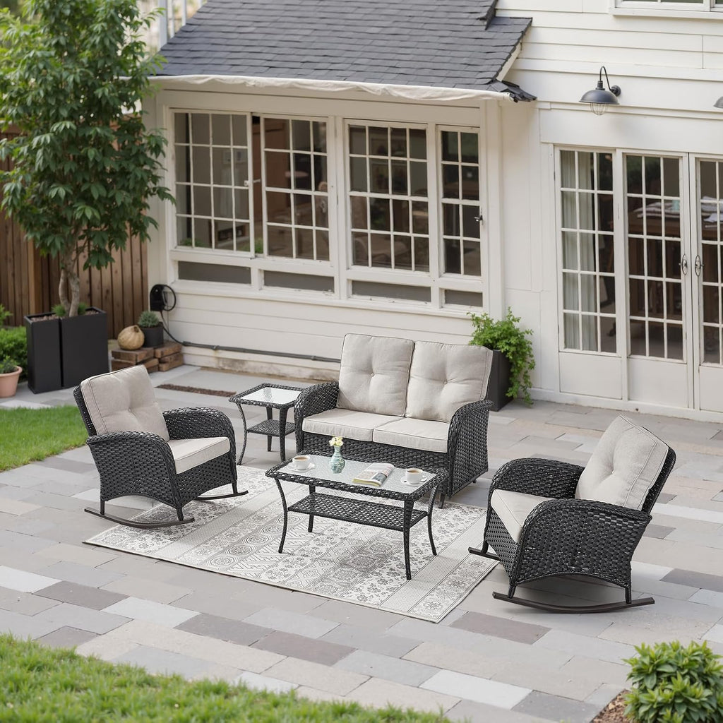 Belord Patio Rocking Chairs Wicker Set - Outdoor Rocking Chairs Set of 2 with Side Table, 3 Piece Patio Rocker Furniture Set with Water-Resistant Cushions for Porch Balcony Backyard Black