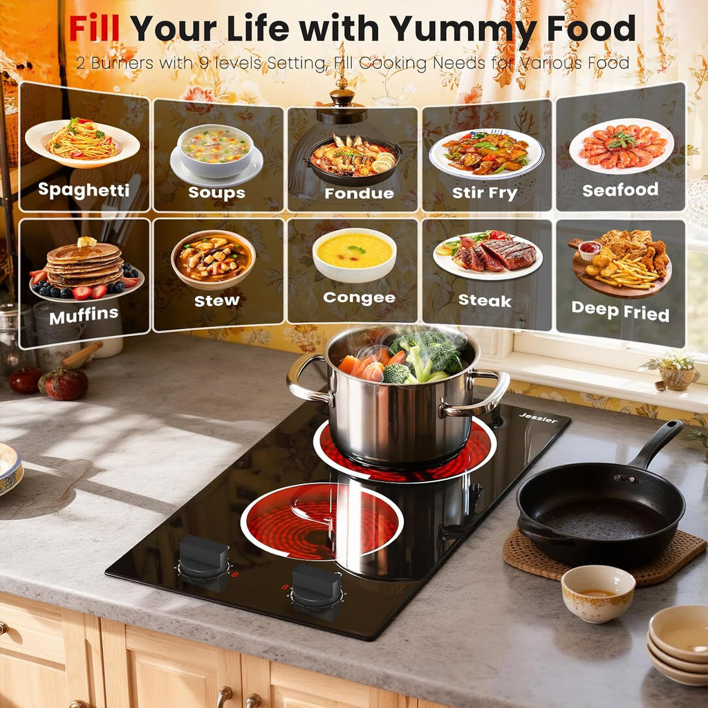 2 Burner Electric Cooktop - 12 Inch Plug in Portable 110V Electric Cook Top Two Burner, Built-in & Countertop Ceramic Stove Top with Knob Control, 9 Power Levels and Overheat Protection