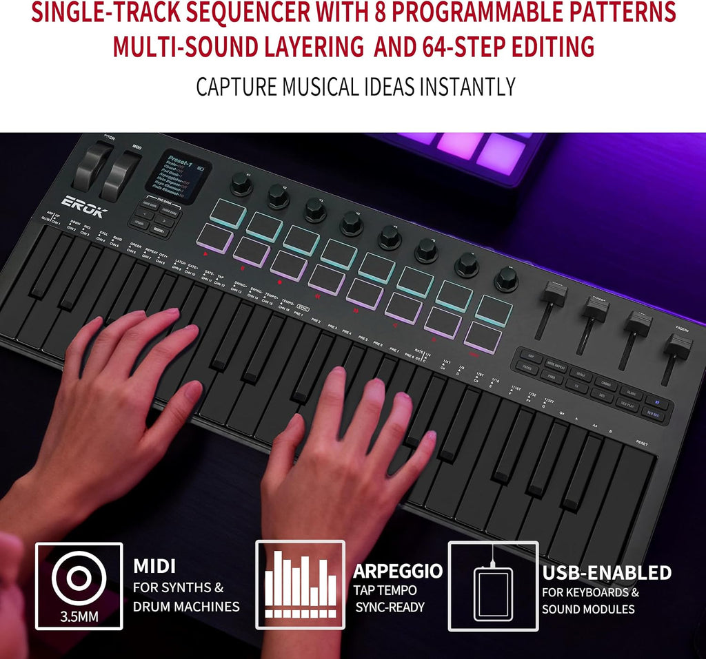 EROK 37 Keys MIDI Keyboard Controller with 3.5mm MIDI Output, 16 Backlit Drum Pads, 8 Knobs, DAW Integration & Arpeggiator, Music Production Equipment and Studio Controller (Dark)