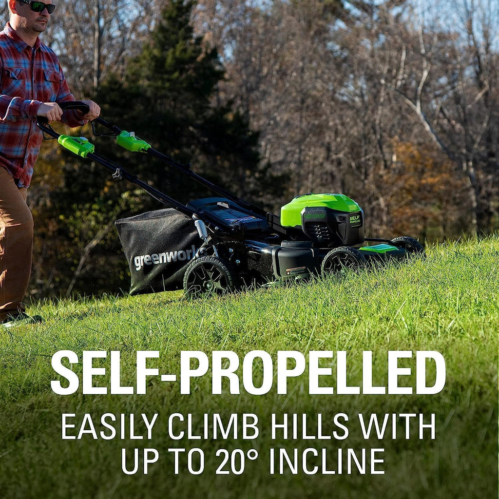 Greenworks 40V 21' Self-Propelled Lawn Mower,Axial Leaf Blower(500 CFM / 120 MPH),13' String Trimmer with 2 Batteries(5Ah+2Ah) & Chargers