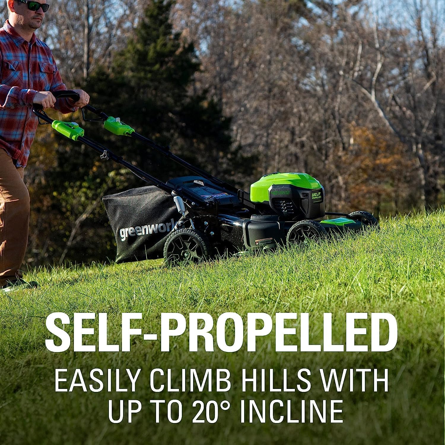 Greenworks 40V 21' Self-Propelled Lawn Mower,Axial Leaf Blower(500 CFM / 120 MPH),13' String Trimmer with 2 Batteries(5Ah+2Ah) & Chargers