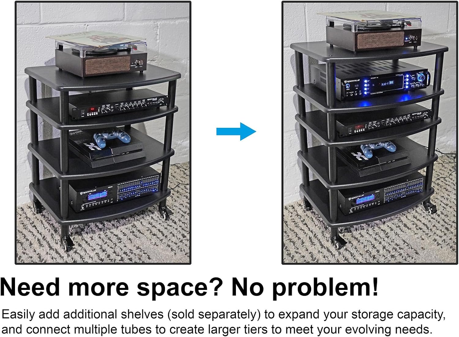 Rockville Bundle: Rockville FLX Black Adjustable Height 4 Shelf Home Theater A/V Audio Rack Stand Bundle with Rockville Shelf for FLX Black Add-On Shelf + Tubes for FLX Black (2 Items)