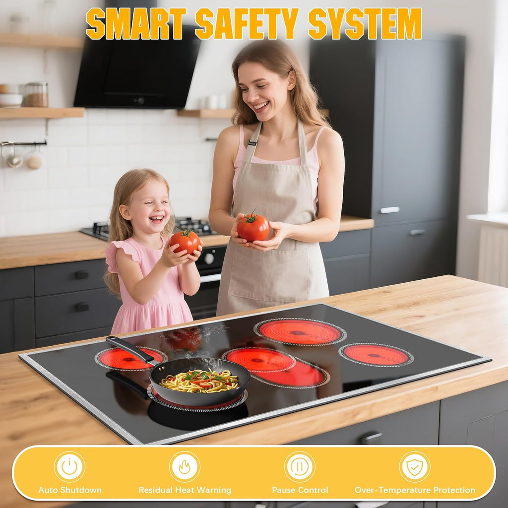Electric Cooktop 36 Inch, 5 Burners Electric Stove Top Touch Control, 8400W Built-in Ceramic Stovetop 36' with Expandable Zone, Child Lock, Timer, Pause Control, 220-240v Hardwired (No Plug)