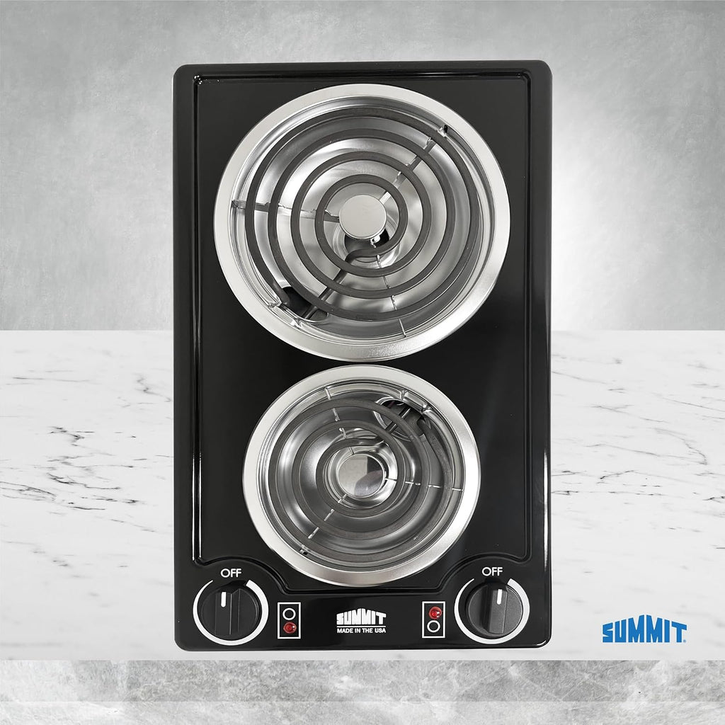 Summit 12' 2 Burner Electric Cooktop. 230V Radiant Cooktop, Coil Elements, Made in the USA, Black- CCE226BL