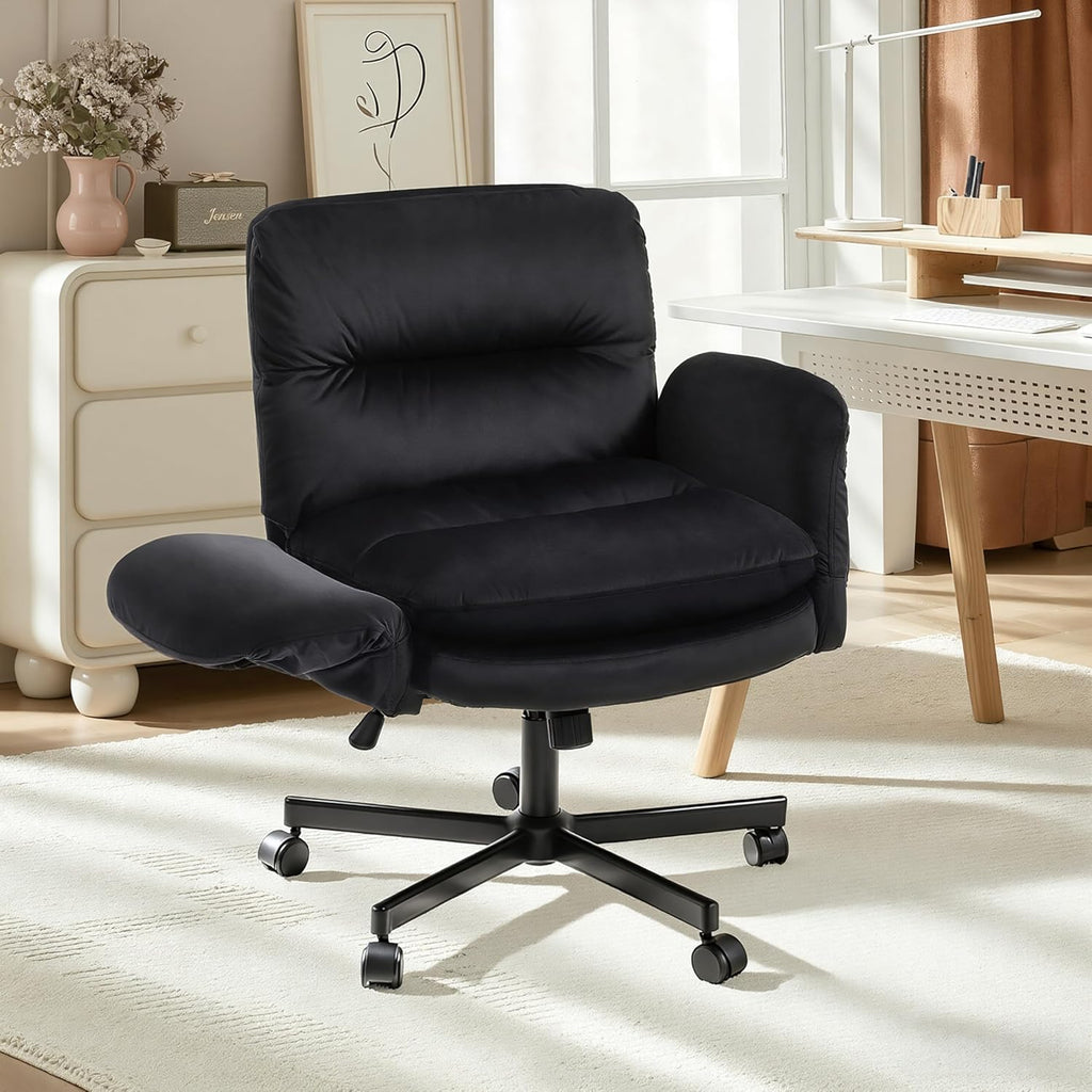 Bestier Criss Cross Office Chair with Flip-Up Armrests, Swivel Makeup Vanity Chair with Wheels & Side Pockets, Cross Legged Office Chair for Home Office, Bedroom, Black Velvet
