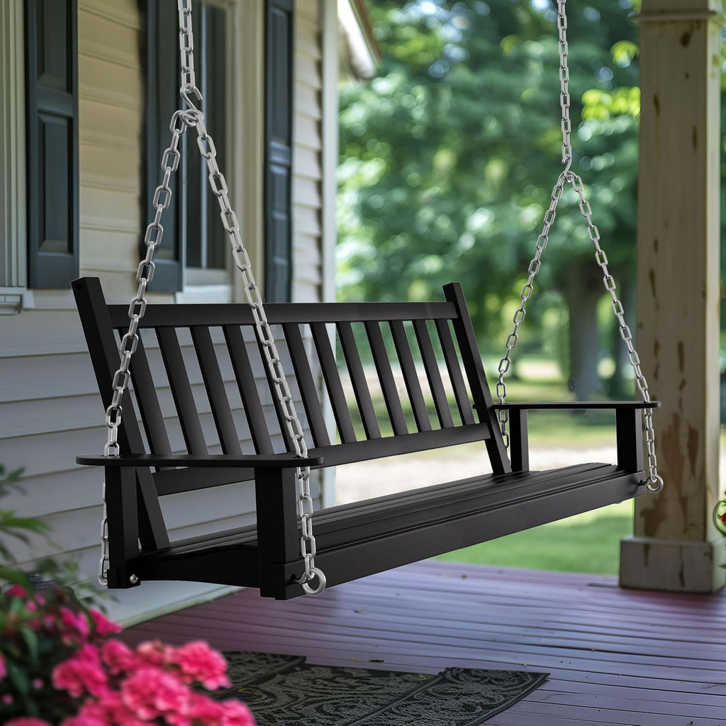 MUPATER Outdoor Patio Hanging Swing, 5FT Wooden Porch Swing with Chains, 3-Person Heavy Duty Swing Bench for Garden and Backyard, Black