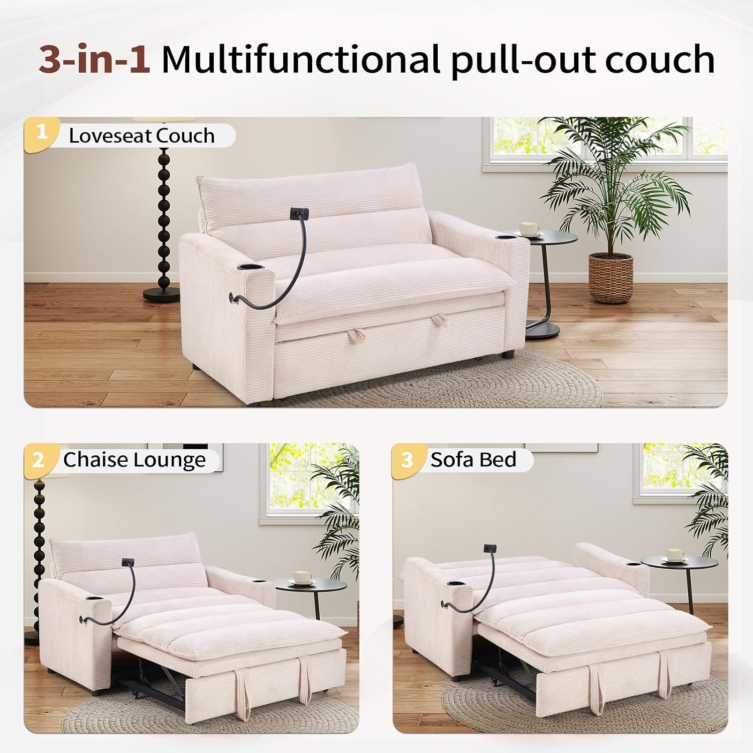 HAOMARKETS 3-in-1 Convertible Loveseat Sleeper Sofa Bed, 2-Seat Pull Out Couch with Cup Holders, Phone Holder and USB Ports, Corduroy 3-Level Adjustable Backrest Couches for Living Room, Beige