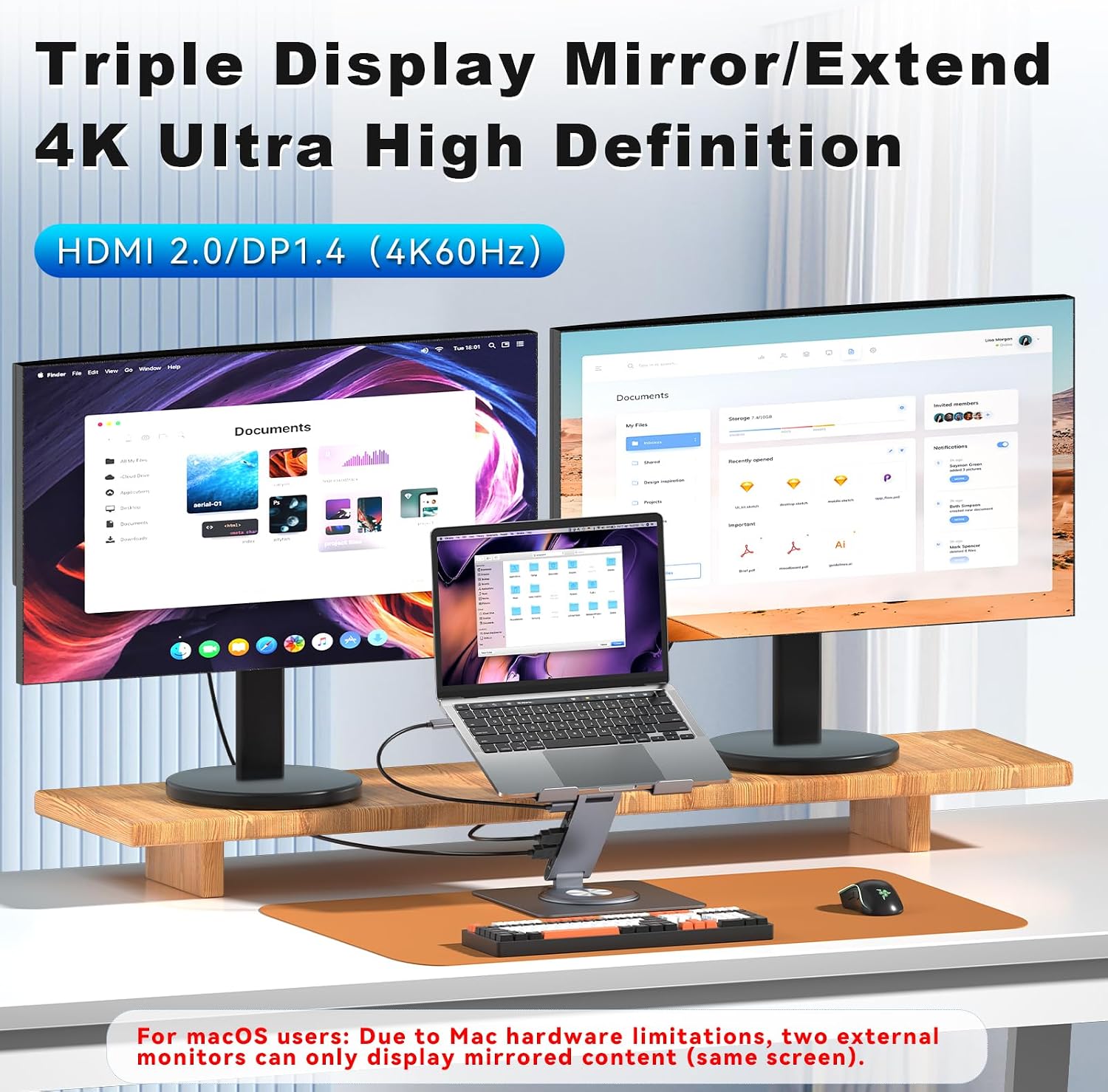 Laptop Docking Station Stand 11-IN-1 Triple Display HDMI DP 4K60Hz Gigabit Ethernet USB3.1 PD100W SD/TF Card Reader Audio 360°Swivel Laptop Stand with USB Hub for MacBookPro/Air/Dell/HP/Surface/Lenovo