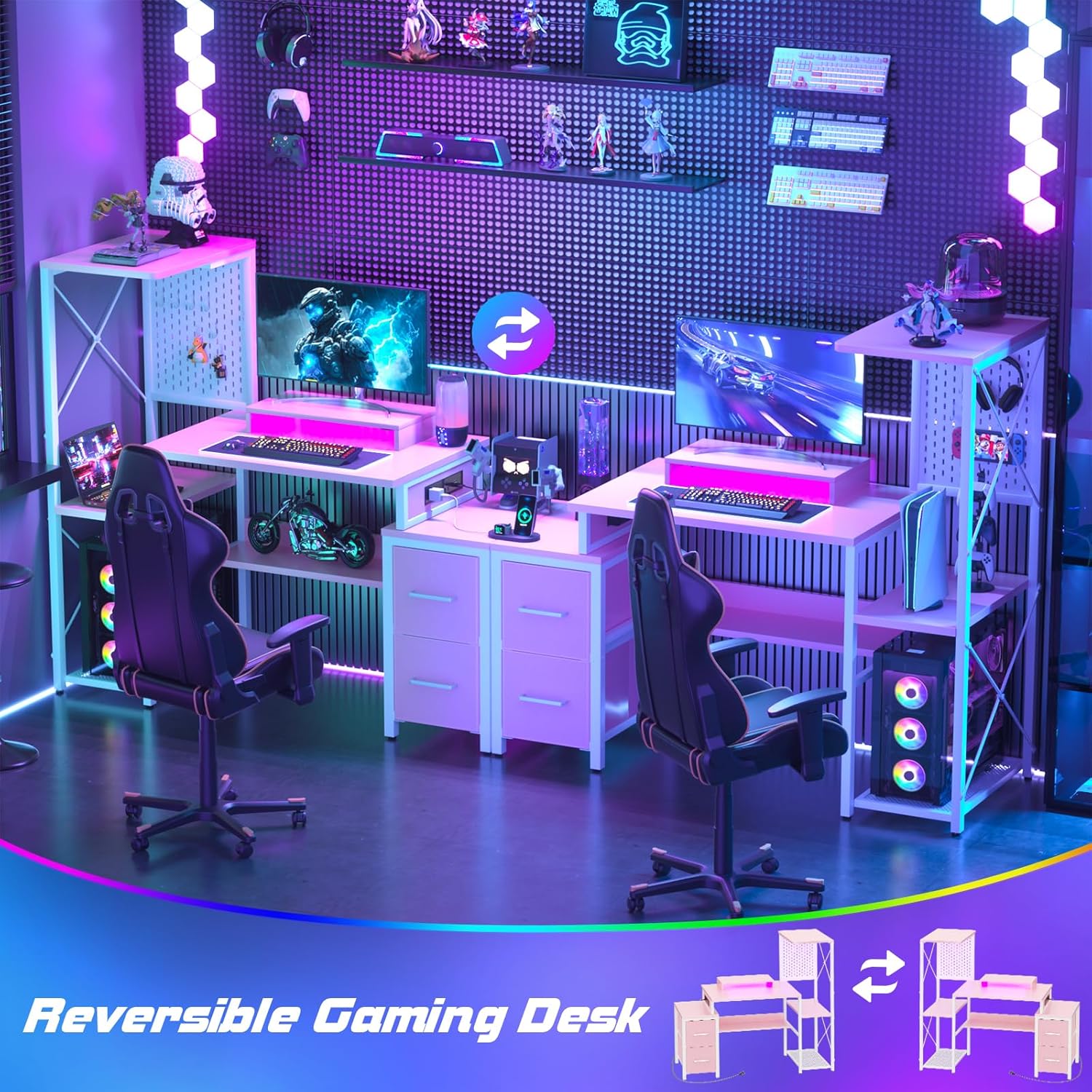 Small Gaming Desk with 2 Fabric Drawers - Reversible Computer Desk with Power Outlet & LED Lights, 49' Office Desk with Monitor Stand & Storage Shelves, Writing Study Table with Pegboard, Pink