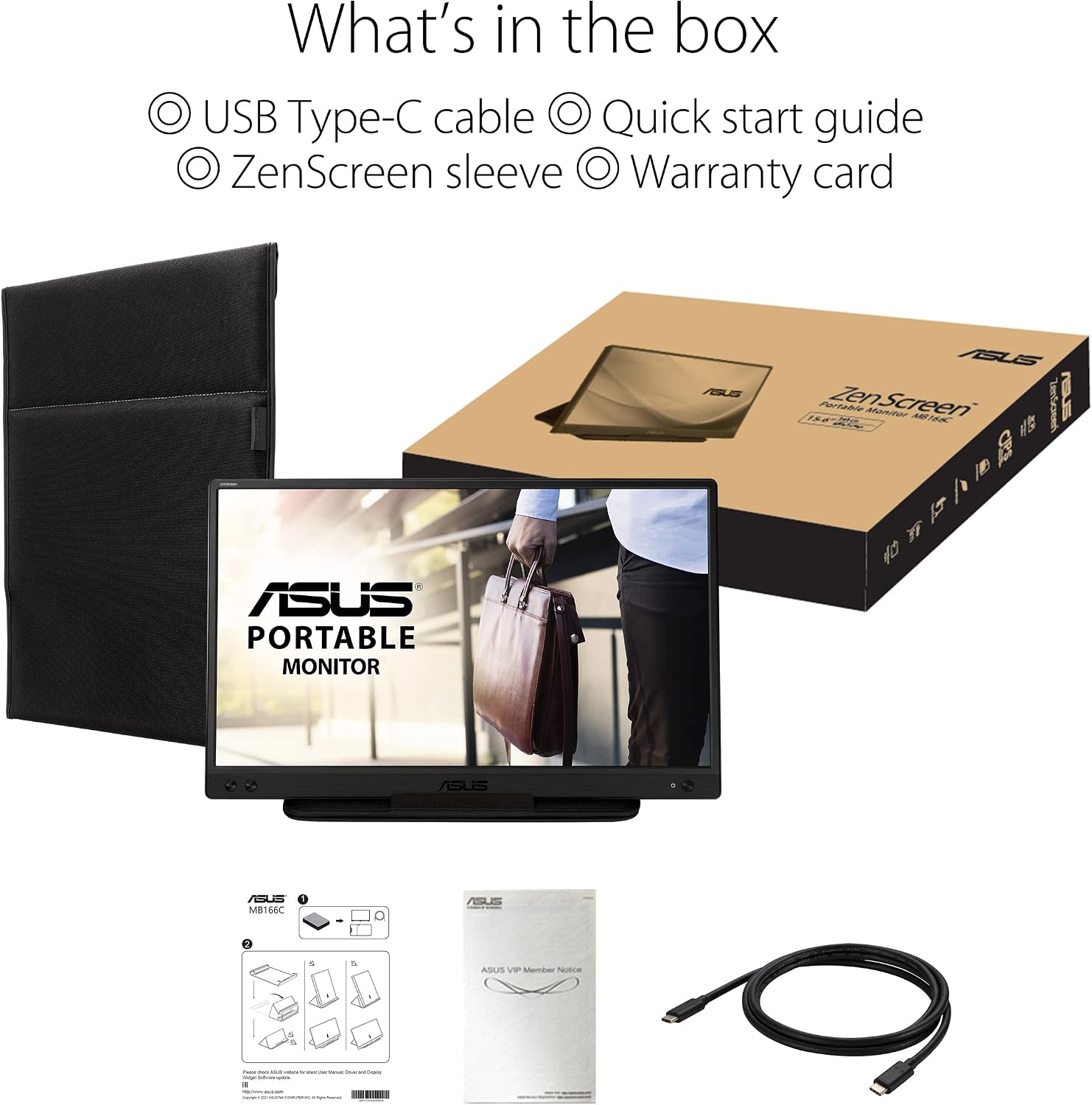 ASUS ZenScreen MB166C Portable USB Monitor- 15.6 inch, Full HD, IPS, USB Type-C, Flicker Free, Blue Light Filter, Anti-glare surface, Black