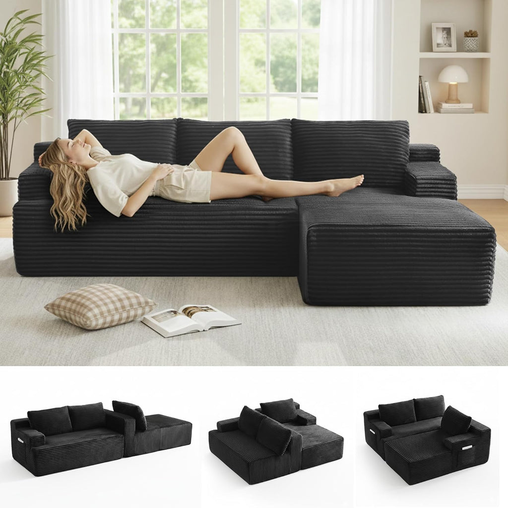 Modular Sectional Sofa Couches, 96' L-Shaped Cloud Boneless Couch with Right Chaise Lounge & Side Pockets for Living Room | No Assembly Required | Corduroy Fabric, Black