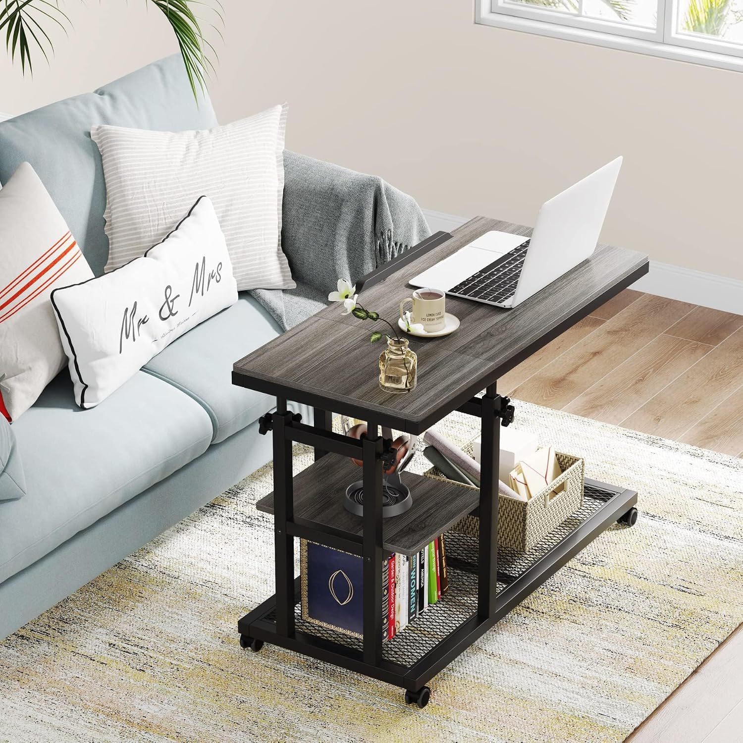 Tribesigns Height Adjustable C Table with Wheels, Mobile Couch Snack Side Table with Tiltable Drawing Board, Sofa Bedside Laptop Stand C Shaped TV Tray with Storage Shelves (Grey)