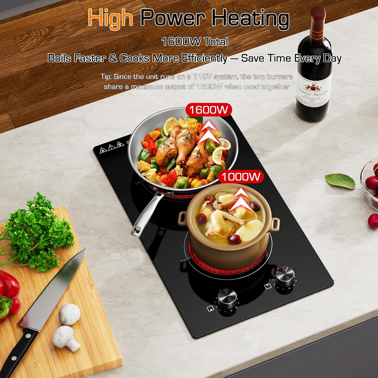 12 Inch 2 Burner Electric Cooktop, 1600W Ceramic Electric Stove Top, 110-120V Plug-in Radiant Countertop & Built-in Cooktop, 11 Heat Levels, Knob Control, Residual Heat Indicator