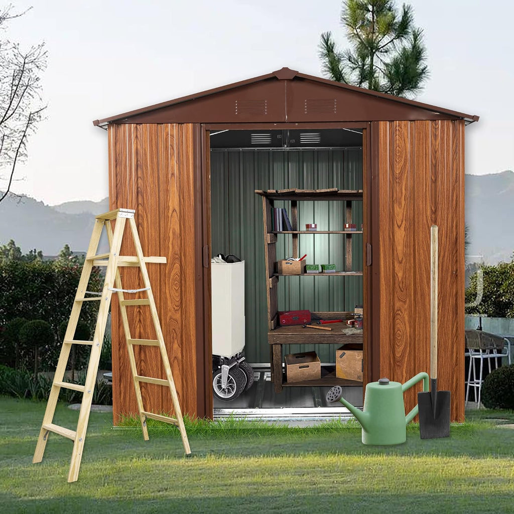 YOPTO 6×6 FT Outdoor Metal Storage Shed with Floor Base and Window,Heavy Duty Storage House Shed W/Integrated Punched Vents,Sliding Doors&Padlock,Rust Waterproof Tool Sheds for Garden,Backyard,Coffee
