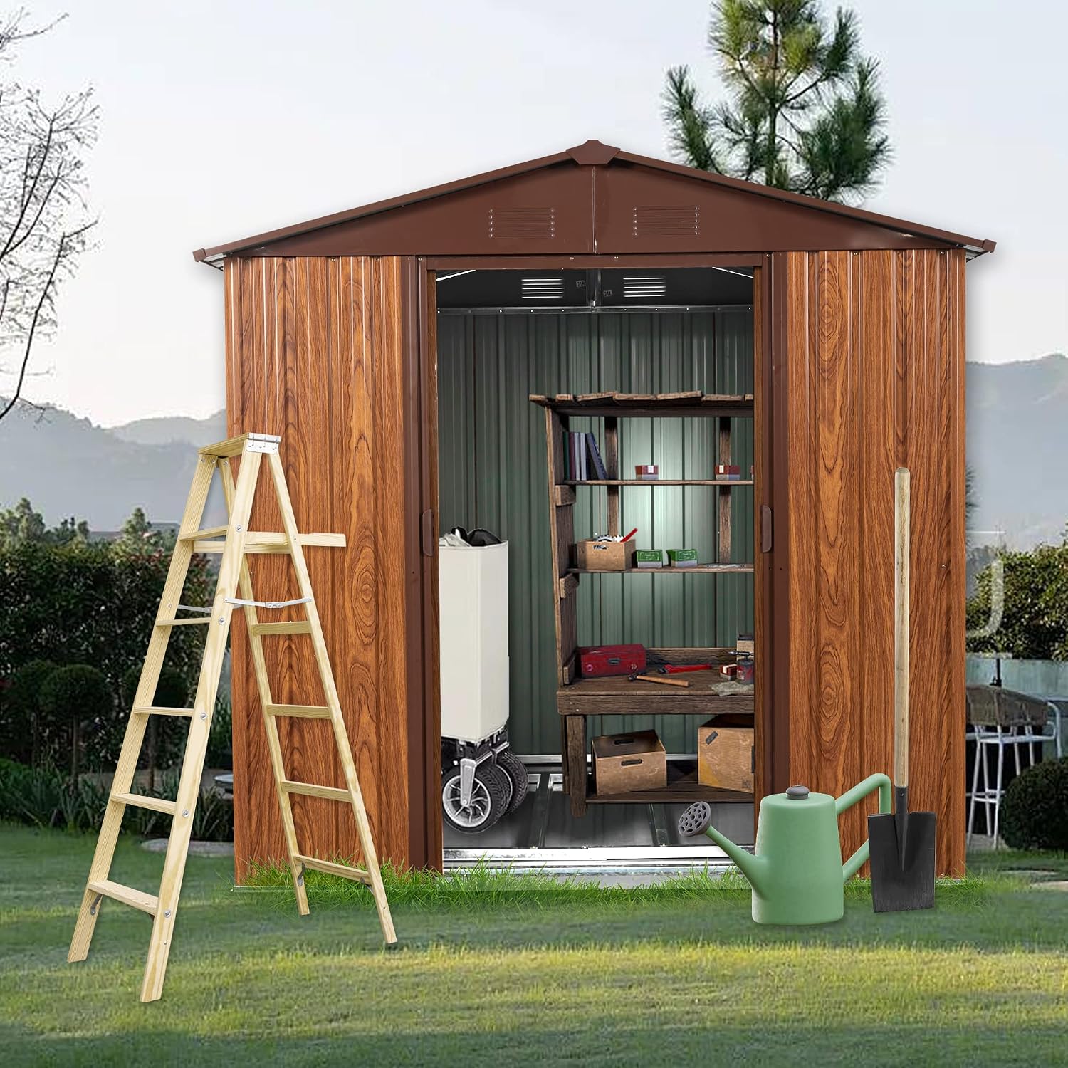 YOPTO 6×6 FT Outdoor Metal Storage Shed with Floor Base and Window,Heavy Duty Storage House Shed W/Integrated Punched Vents,Sliding Doors&Padlock,Rust Waterproof Tool Sheds for Garden,Backyard,Coffee