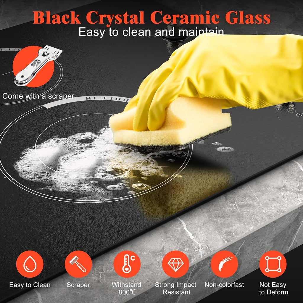30 Inch Electric Cooktop - 4 Burner Built-in(29.13'x19.3') Ceramic Stove Top 6700W, 240V Electric Cooktop 30' Touch and Knob Control, Child Lock, Dual Ring, 99 Mins Timer, 220V Hard Wired