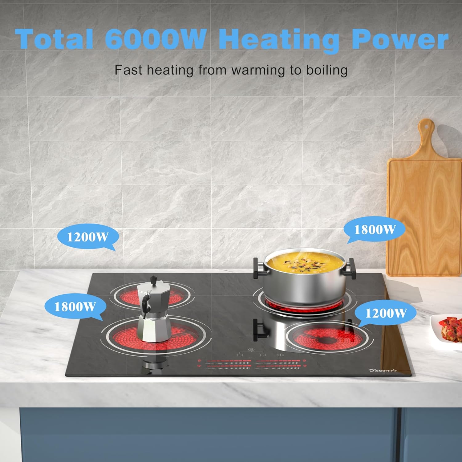 4 Burner Electric Cooktop - 24 Inch Electric Stove Top 6000W High Power Built-in, Ceramic Cook Top with Safety Lock, 99 Min Timer, Sensor Touch, 220V - 240V Hard Wired (No Plug)
