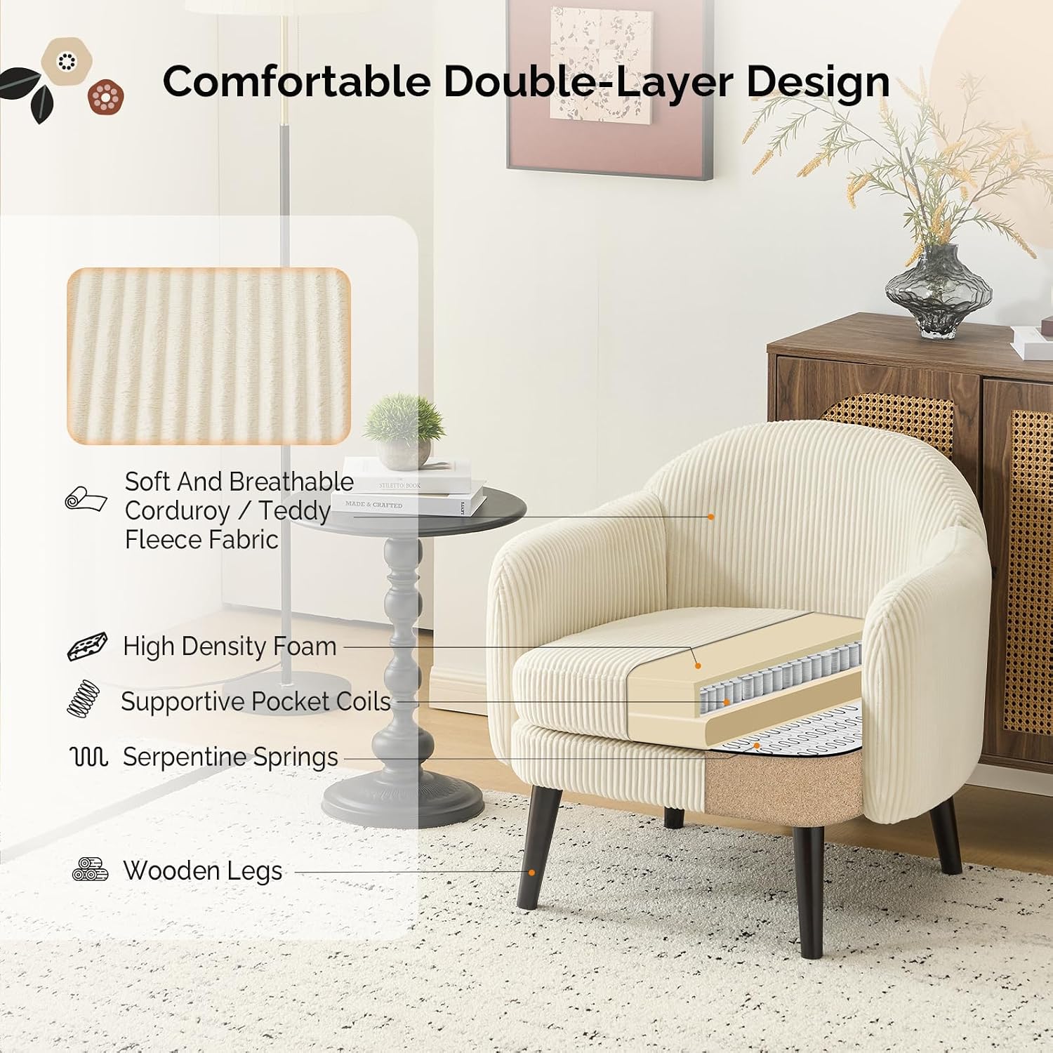 VINGLI 30.3' Wide Modern Barrel Accent Armchair with Track Armrest, Solid Wooden Legs, Comfy Upholstered Club Chair, Round Single Home Sofa for Living Room, Bedroom, Reading Room, Corduroy Beige