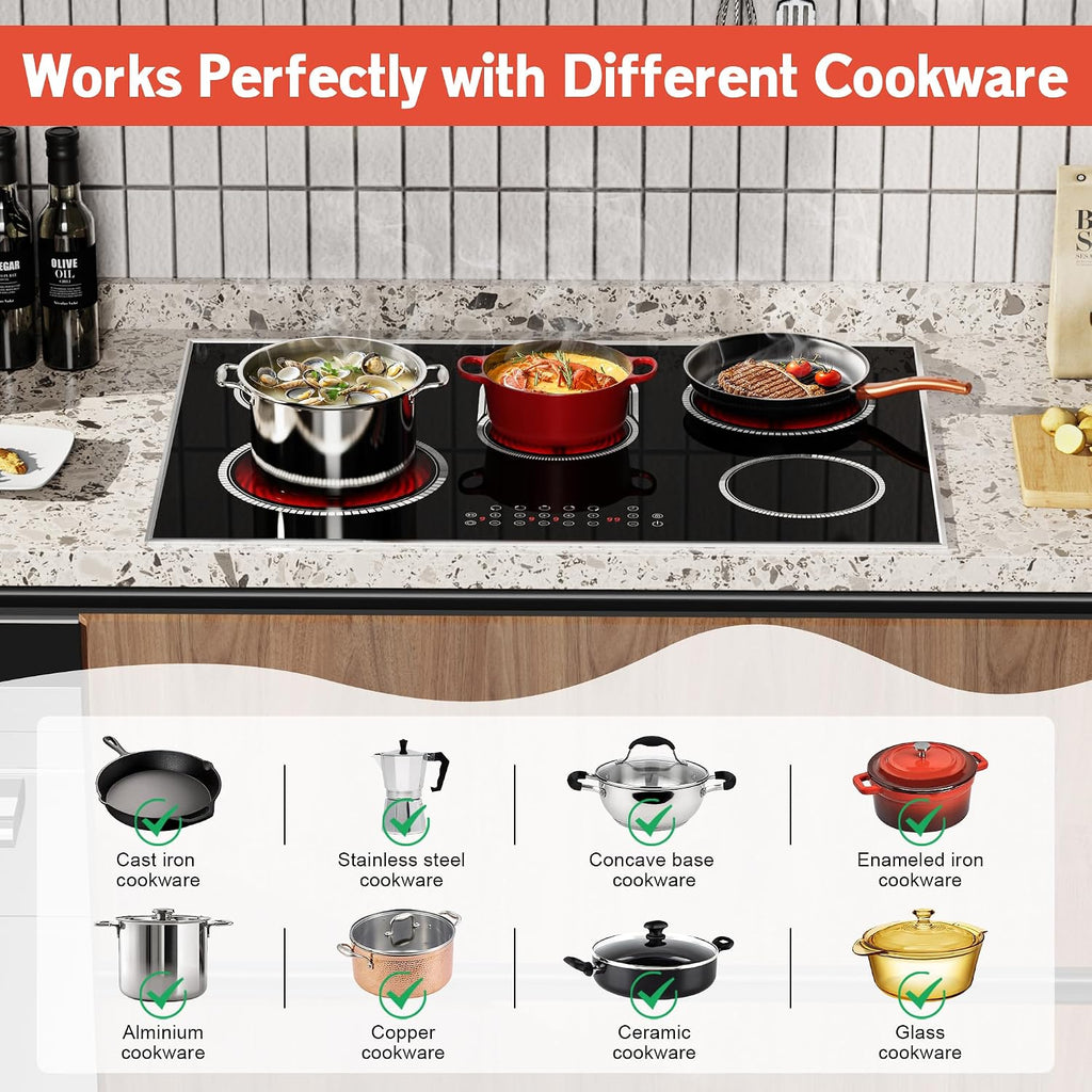30 Inch Electric Cooktop, 5 Burner Electric Stove Top Touch Control, 8400W Built-in Ceramic Stovetop Burner 30' with Expandable Zone, Child Lock, Timer, Overheat Alert, 220-240v Hardwired