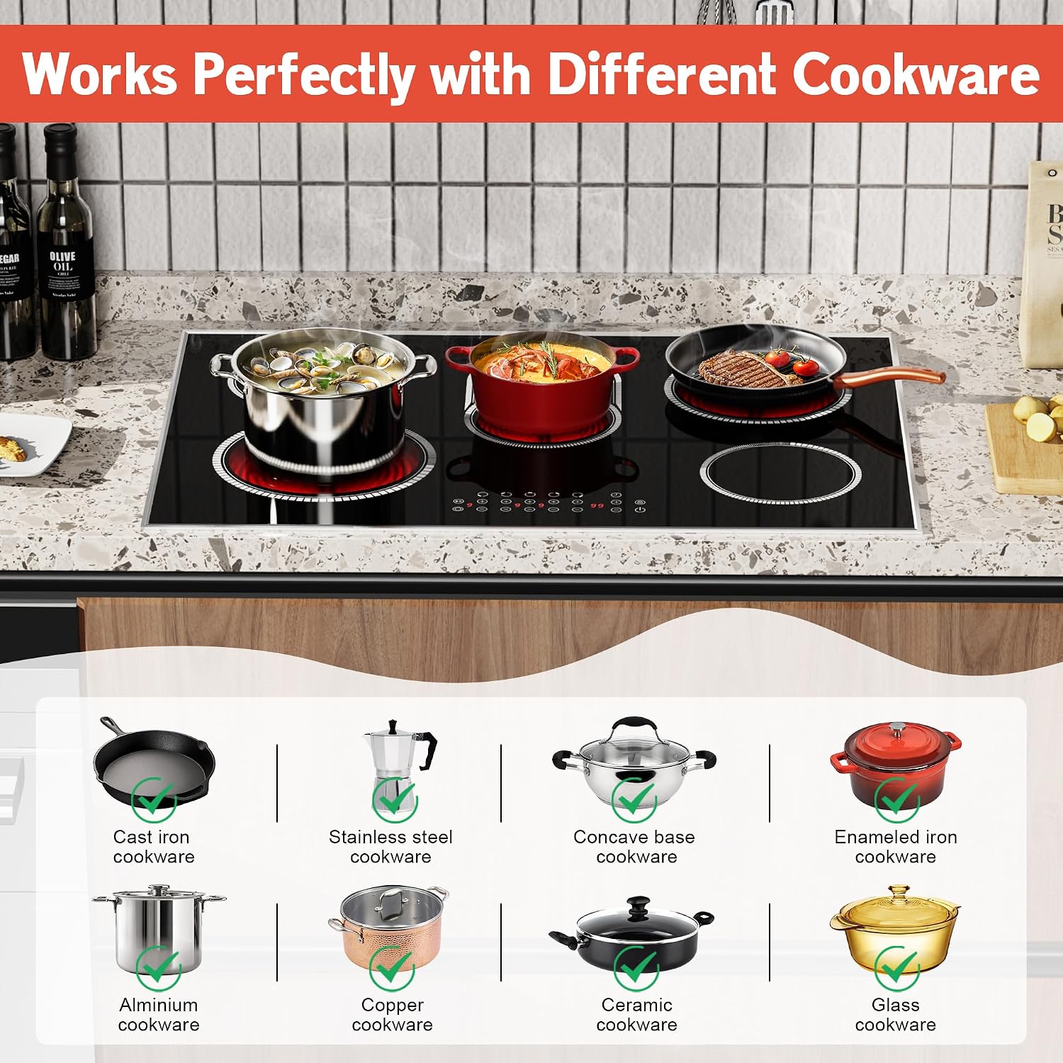 30 Inch Electric Cooktop, 5 Burner Electric Stove Top Touch Control, 8400W Built-in Ceramic Stovetop Burner 30' with Expandable Zone, Child Lock, Timer, Overheat Alert, 220-240v Hardwired