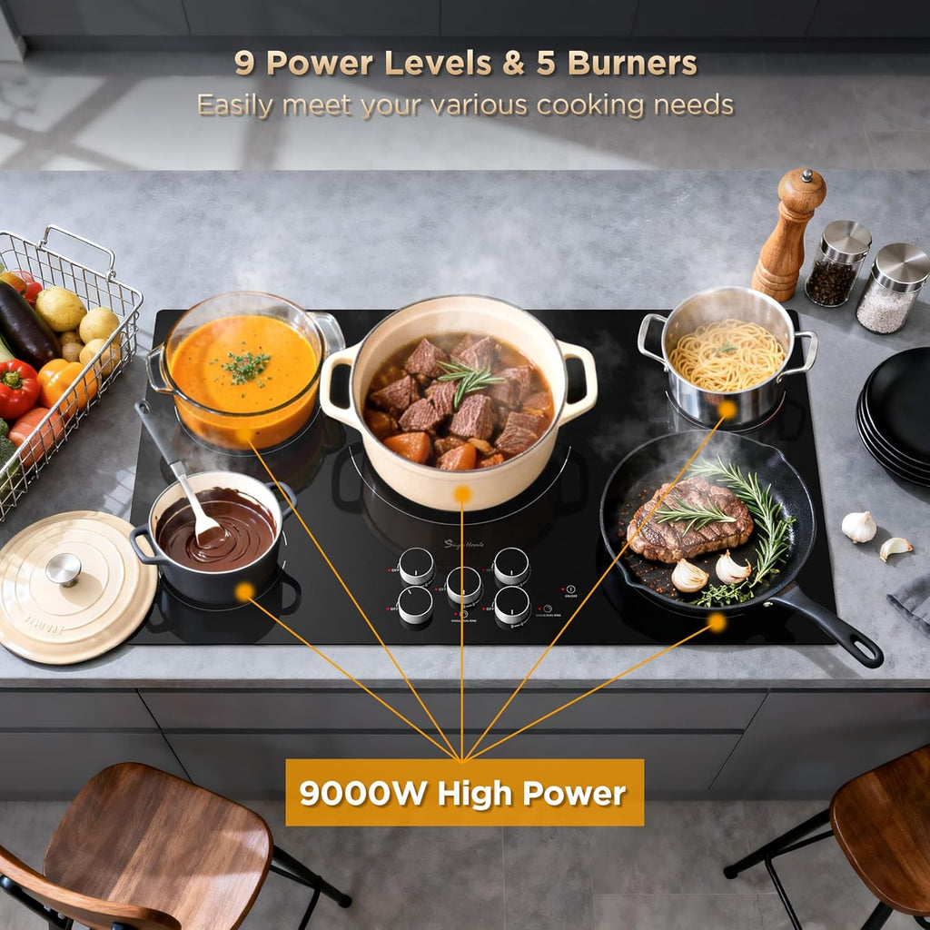 36 Inch Electric Cooktop 5 Burners, Electric Stove Top with Knob Control, Built-in Ceramic Stove, Fast Heat, 9 Heating Level, 9000W with Hard Wire for 220V~240V