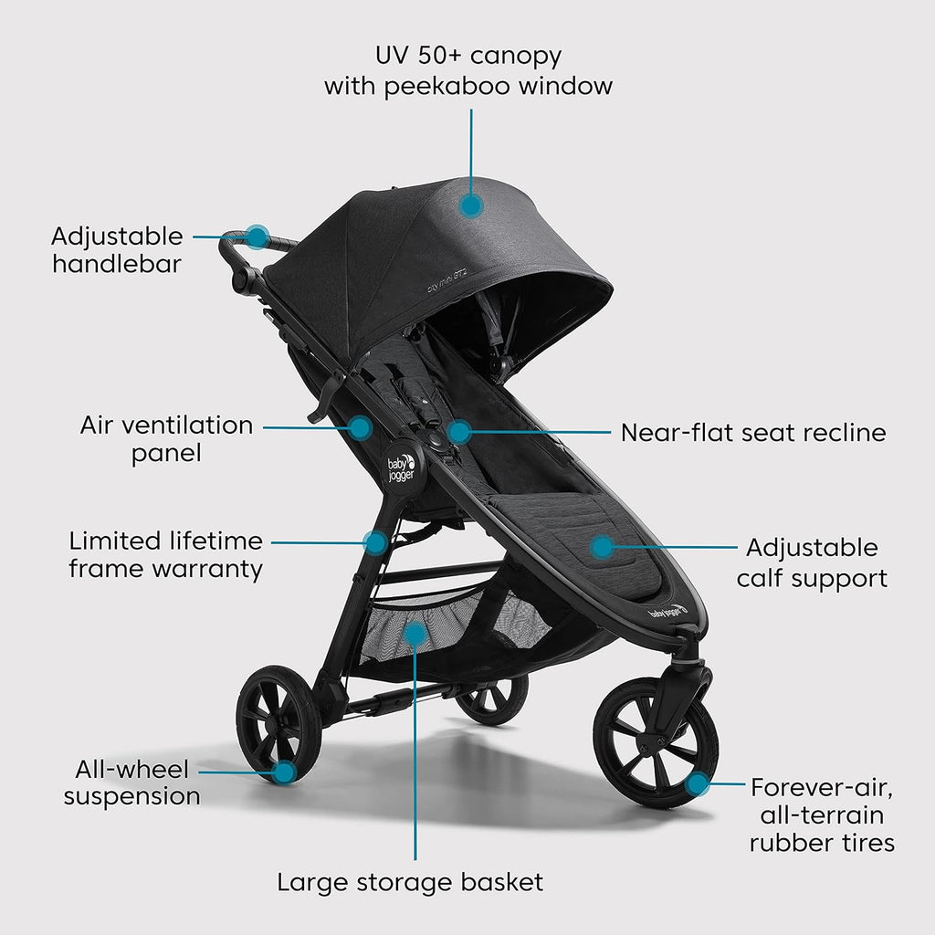 Baby Jogger City Mini GT2 All-Terrain Stroller Black Complete with Adjustable Handlebar Hand-Operated Parking Brake and car seat Adapter