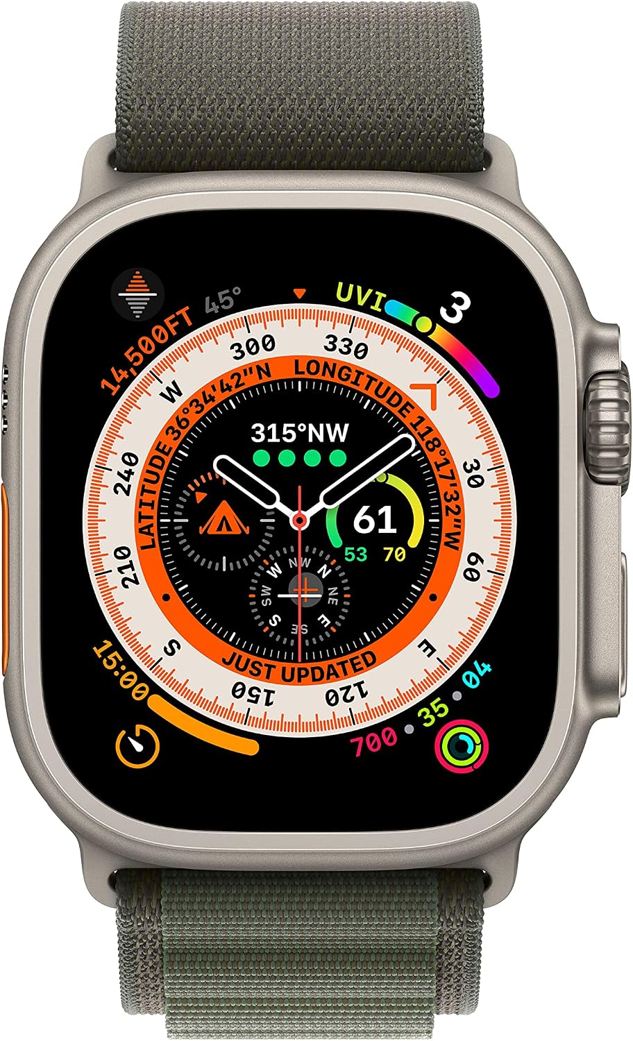 Apple Watch Ultra [GPS + Cellular 49mm] Titanium Case with Green Alpine Loop, Medium (Renewed)