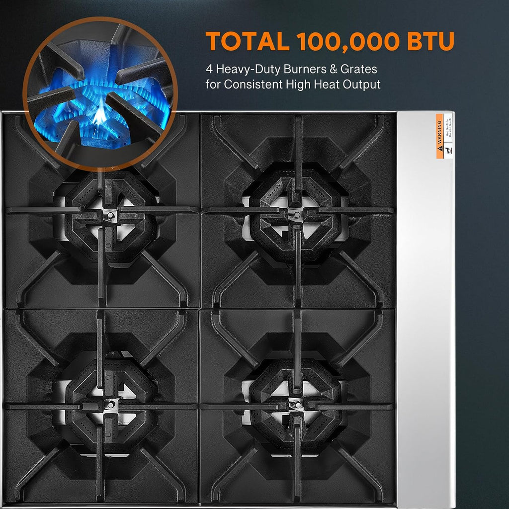 WILPREP Countertop Gas Range, 4 Burner Countertop Gas Stove with 100,000 BTU, 24' Propane with Natural Conversion Kit Grates, Stainless Steel Commercial for Restaurant Kitchen