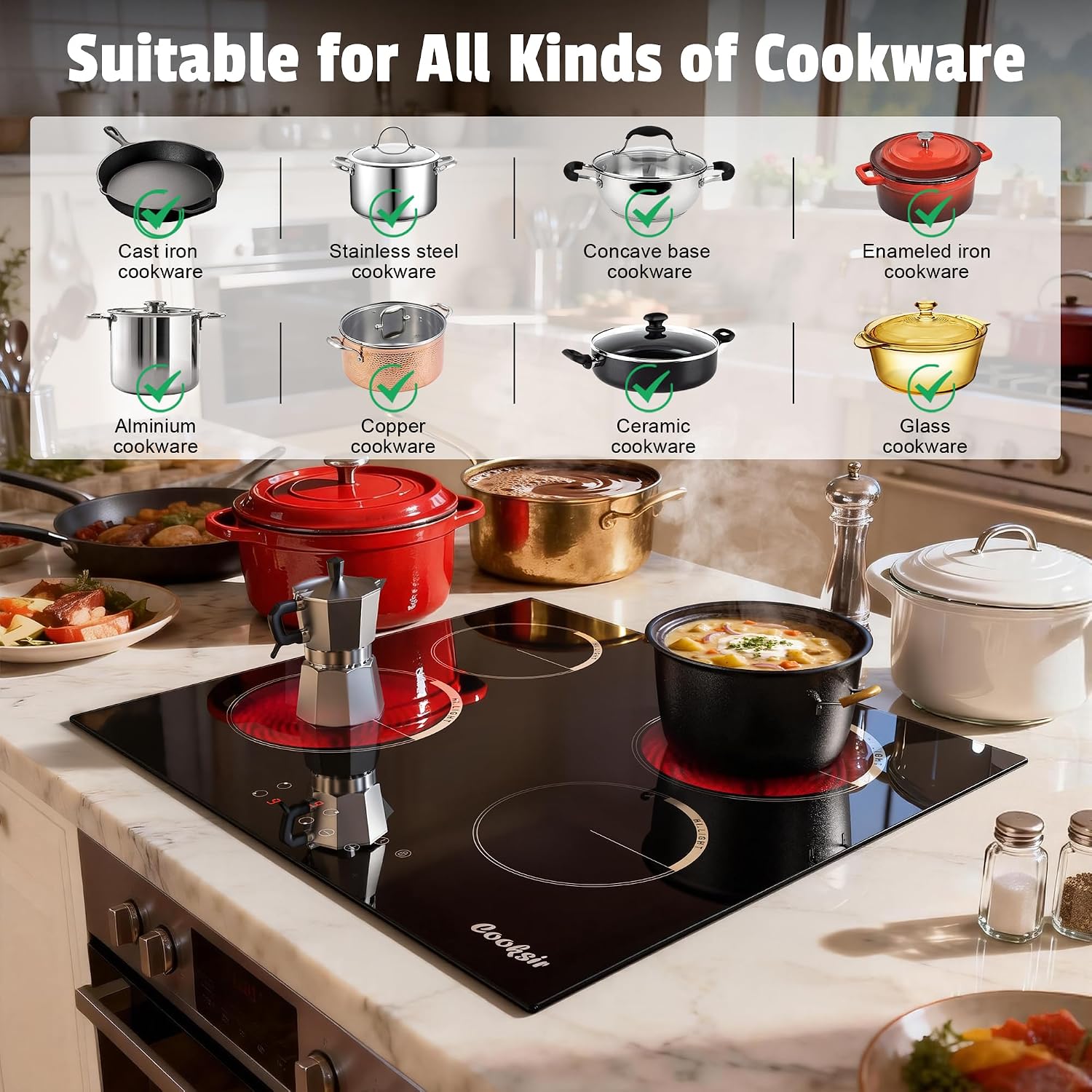 Electric Cooktop 24 Inch, 4 Burner Electric Stove Top Drop-in(22.05'x19.3') 220V-240V, 24 Inch large Ceramic Stovetop with Ceramic Glass, Timer, Kids Safety Lock, 220V Hard Wired (No Plug)