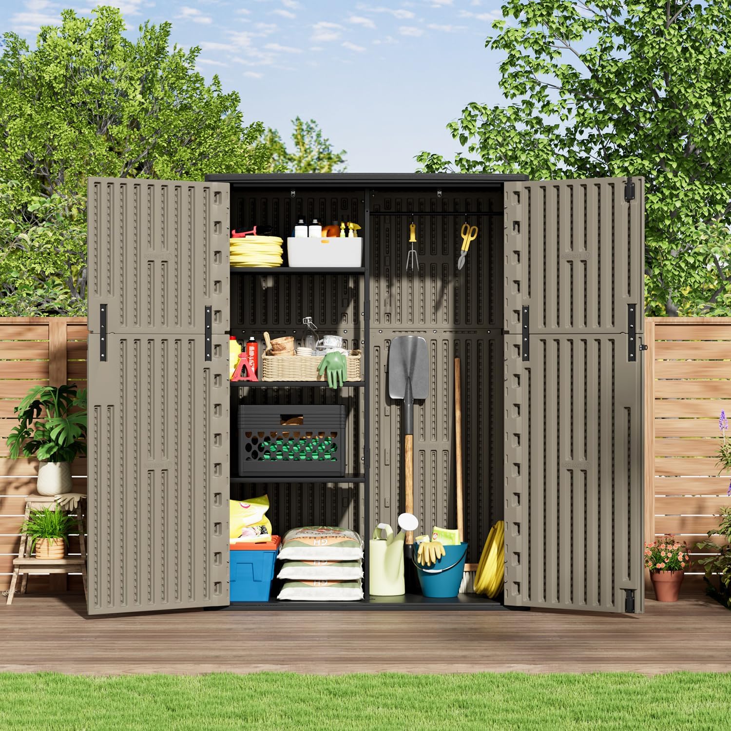 KINYING Outdoor Storage Shed,57 Cu.ft Vertical Outdoor Storage Cabinet Waterproof, Outdoor Resin Tool Shed for Patio Furniture, Garden Tools, Pool Accessories, Lawn Mower(Coffee Color)