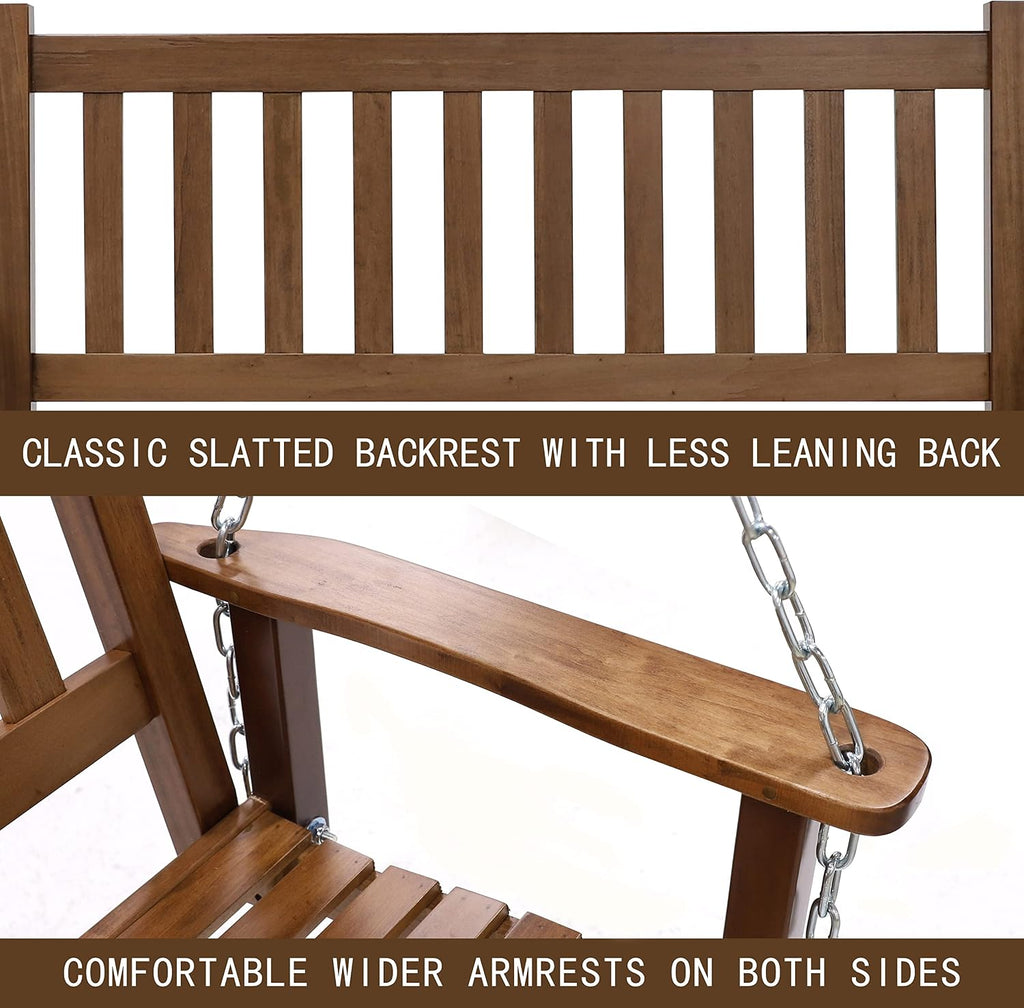 MUPATER Outdoor Patio Hanging Wooden Porch Swing 4FT with Chains, 2-Person Heavy Duty Swing Bench for Garden and Backyard, Wood Brown