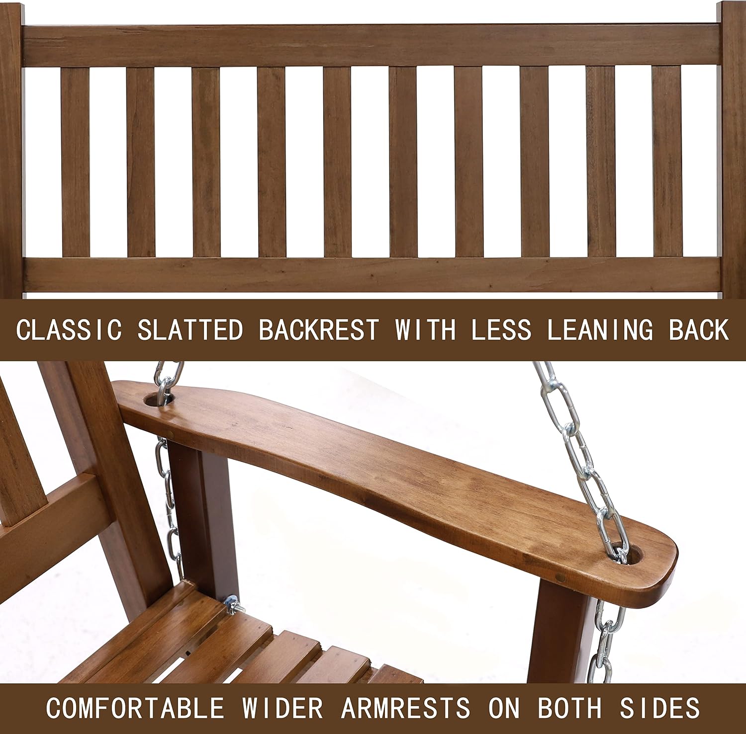 MUPATER Outdoor Patio Hanging Wooden Porch Swing 4FT with Chains, 2-Person Heavy Duty Swing Bench for Garden and Backyard, Wood Brown