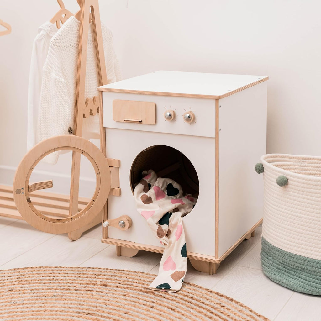 Toy Washing Machine Wooden Play Kitchen - Pretend Play Cleaning Set Washing Machine Toy for Kids - Pretend Play Toys for Toddlers Christmas Gifts for Children (Dark Walnut)