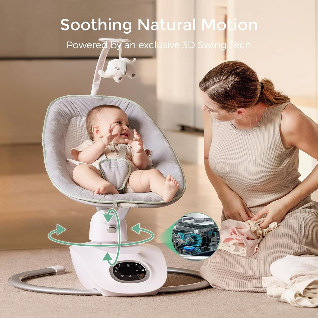 Momcozy CocoSway Electric Baby Swing for Infant, 180° Rotating Seat, 6 Parent-Like Sway Motions & 4 Speeds, Remote Control, Machine-Washable Cover, Grey